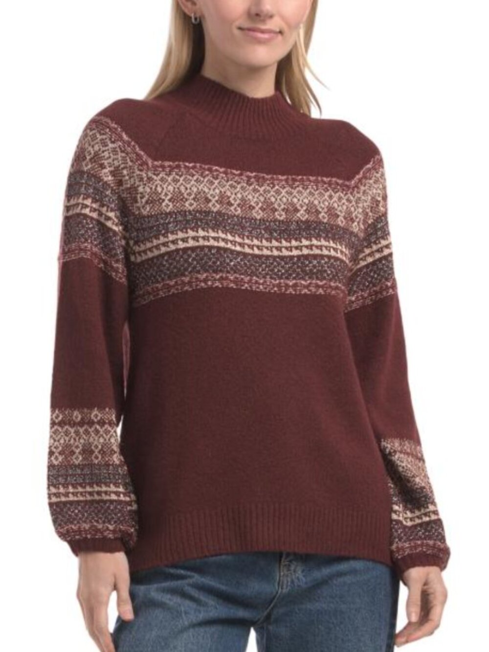 NWT DEMOCRACY Knit Funnel Neck Jacquard Stripe Rust Shimmer Detail Sweater